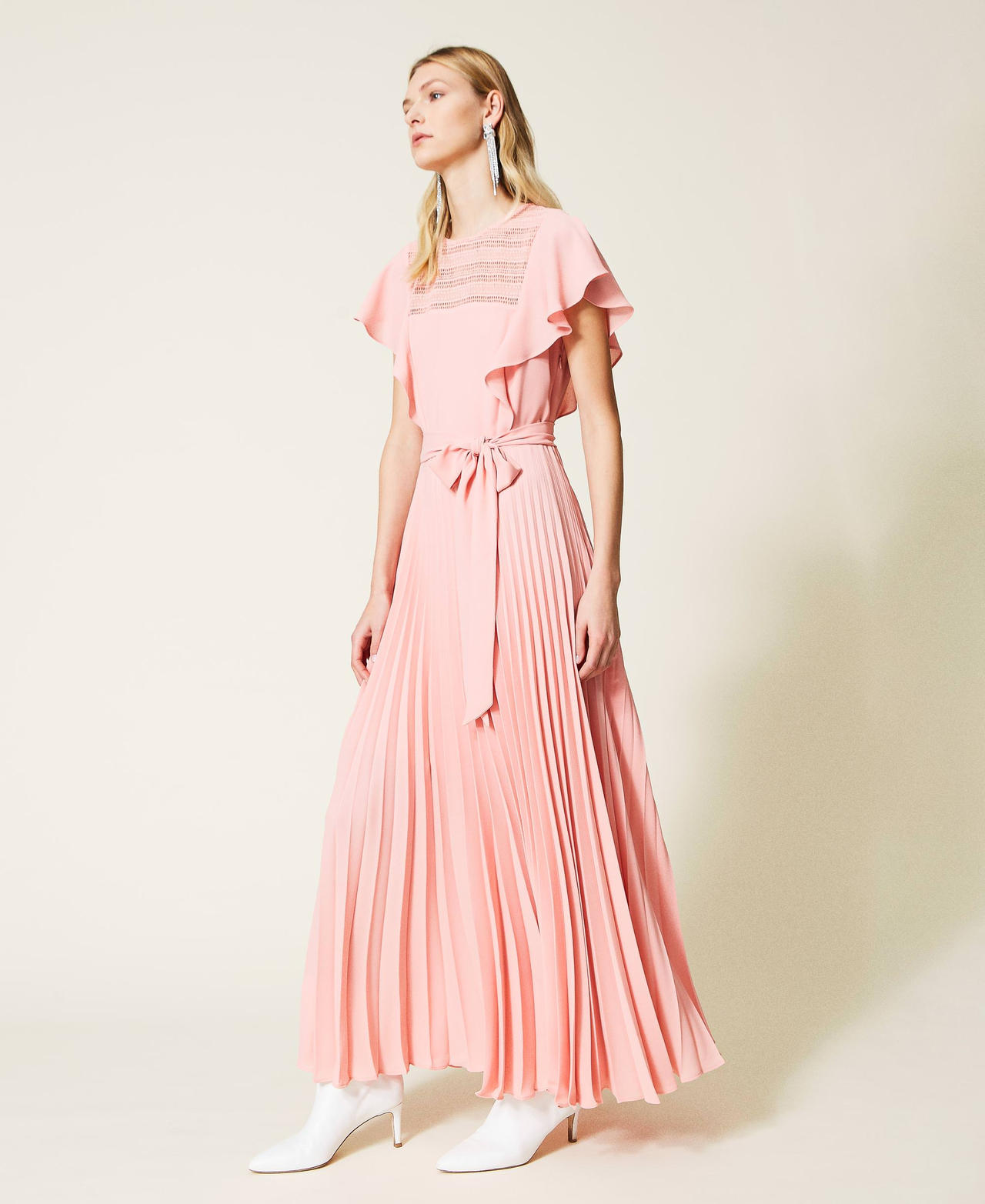 Vestido largo con encaje y plisados Rosa «Peach Cream» Mujer 221TP2670-02