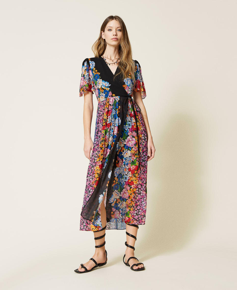 Floral georgette wrap-around dress Multifloral Print Woman 221TP268D-01