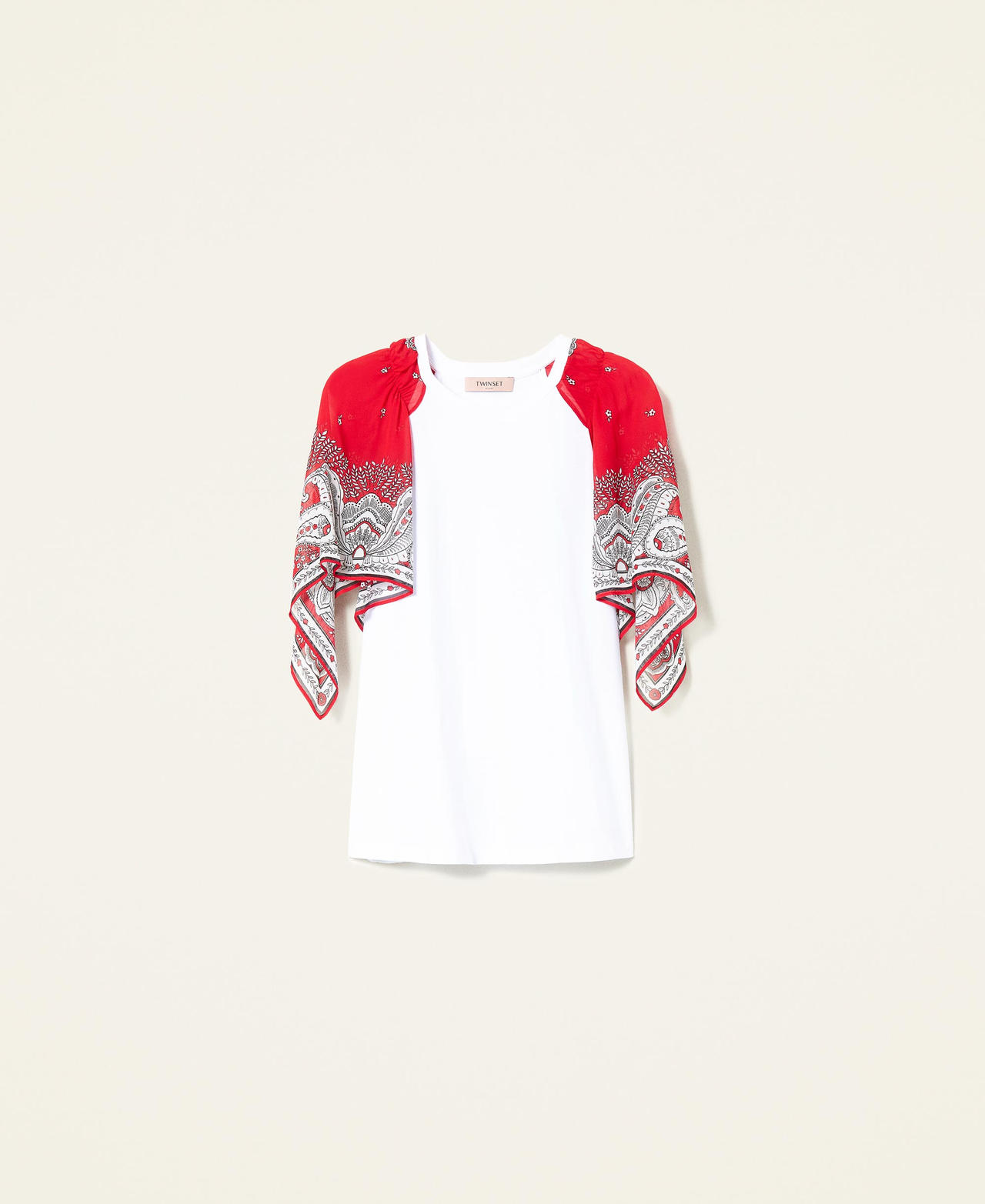 T-Shirt mit Bandana-Ärmeln Optisches Weiß / Bandanaprint groß „Fire Red“-Rot Frau 221TP270B-0S