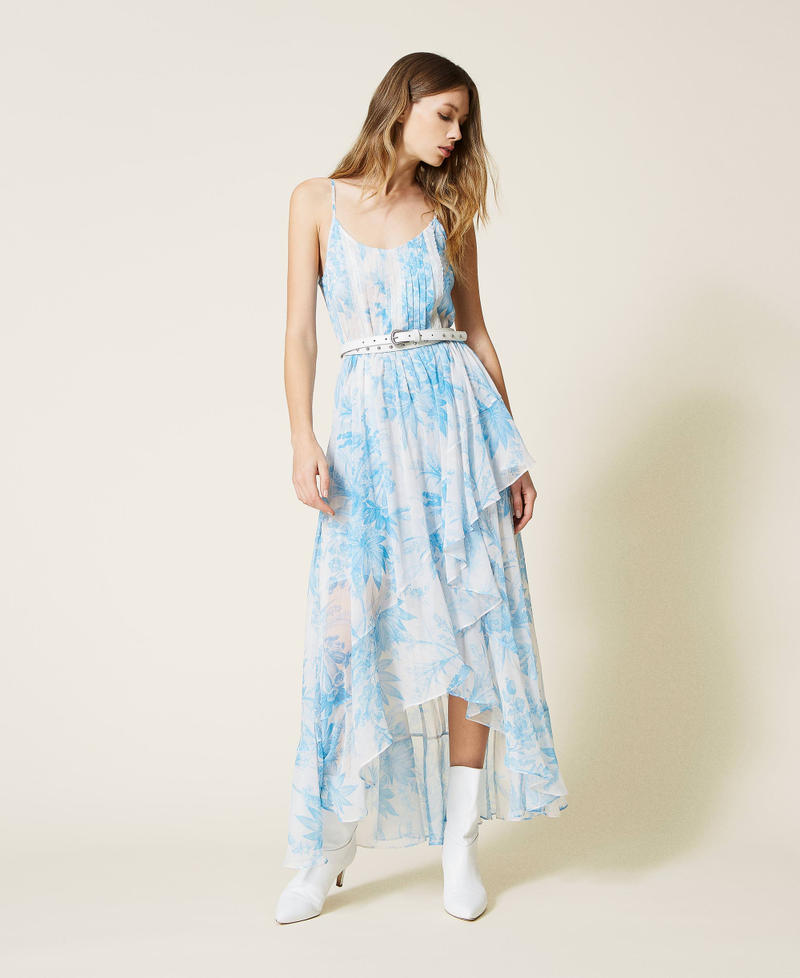 Long dress with toile de Jouy floral print “Snow” White Sanderson Flower Print / Light Blue Woman 221TP2711-01