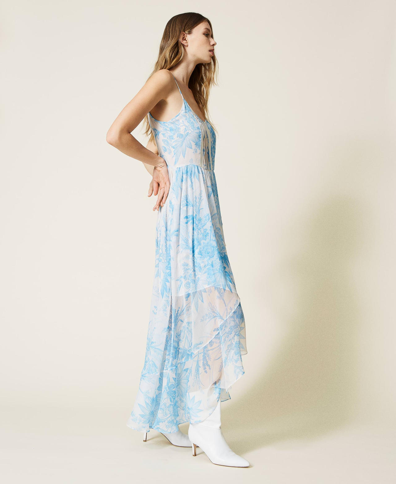 Long dress with toile de Jouy floral print “Snow” White Sanderson Flower Print / Light Blue Woman 221TP2711-03