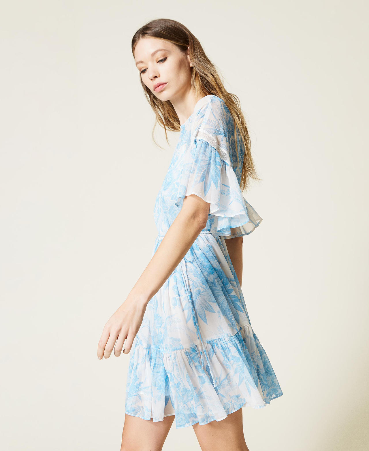 Dress with toile de Jouy floral print “Snow” White Sanderson Flower Print / Light Blue Woman 221TP2712-02