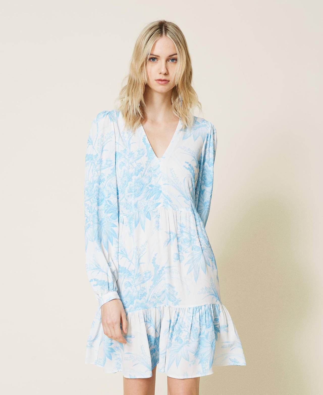 Robe avec imprimé floral toile de Jouy Imprimé Fleur Sanderson Blanc « Neige »/Bleu Femme 221TP271C-02