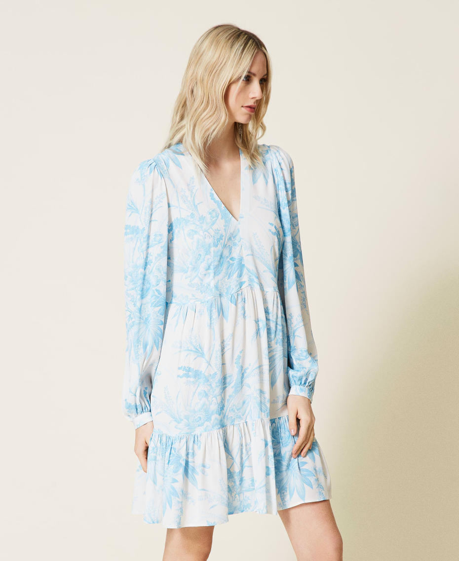 Robe avec imprimé floral toile de Jouy Imprimé Fleur Sanderson Blanc « Neige »/Bleu Femme 221TP271C-04