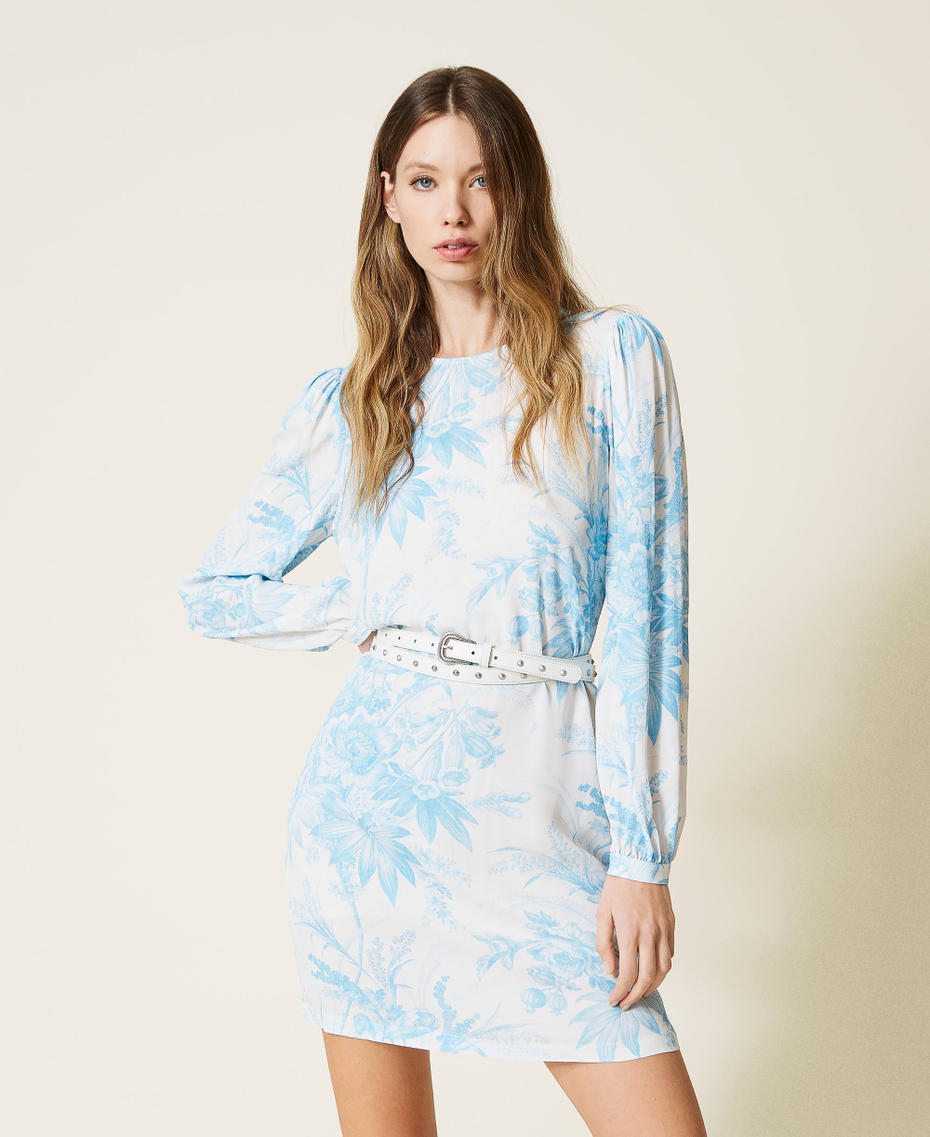 Tunic dress with toile de Jouy floral print “Snow” White Sanderson Flower Print / Light Blue Woman 221TP271D-01