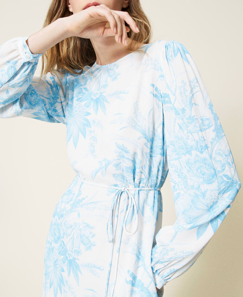 Tunic dress with toile de Jouy floral print “Snow” White Sanderson Flower Print / Light Blue Woman 221TP271D-05