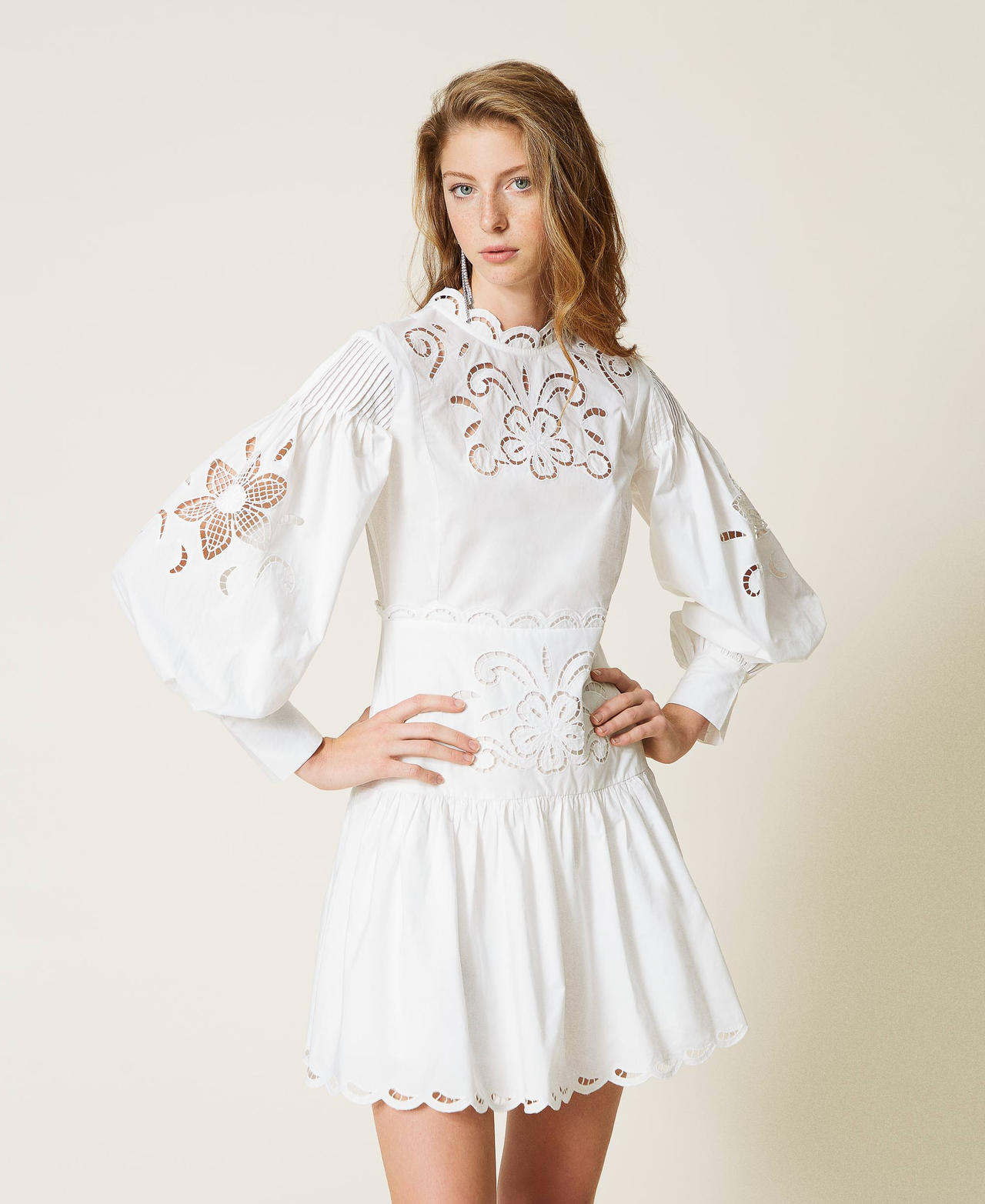 Muslin dress with hemstitch embroidery Woman, White | TWINSET Milano