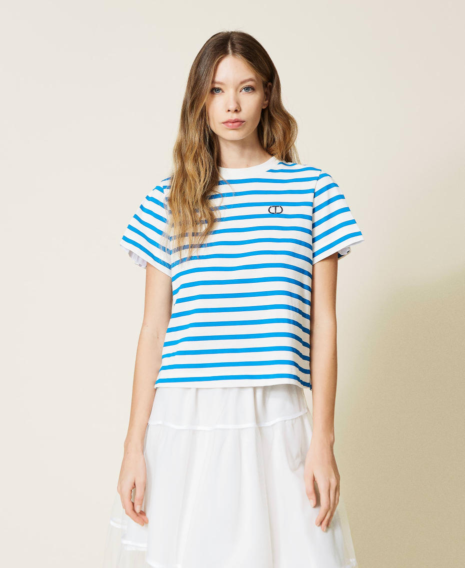 Striped t-shirt with poplin insert "Brilliant Blue" / Optical White Stripe Print Woman 221TP2751-01