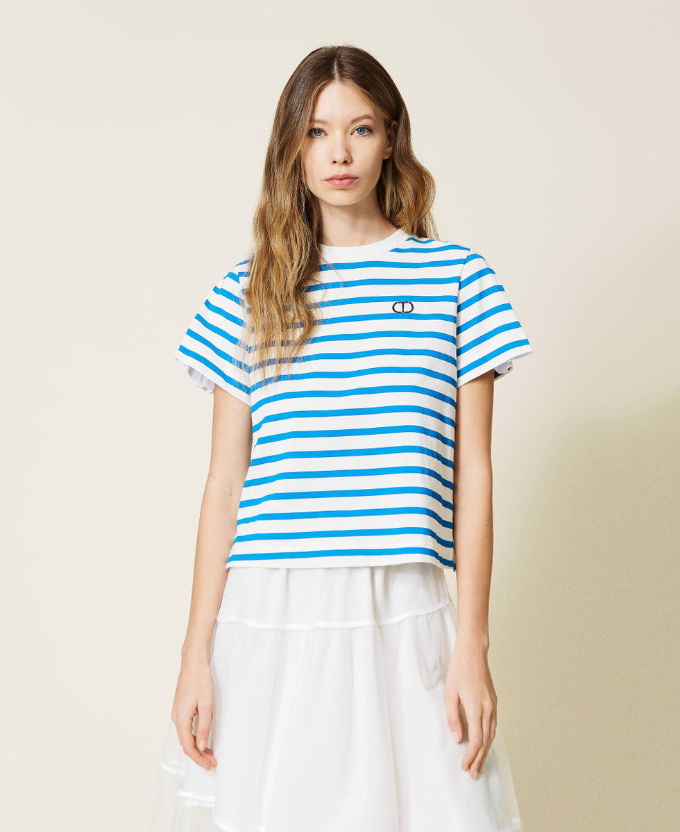 Striped t shirt with poplin insert Woman Blue TWINSET Milano