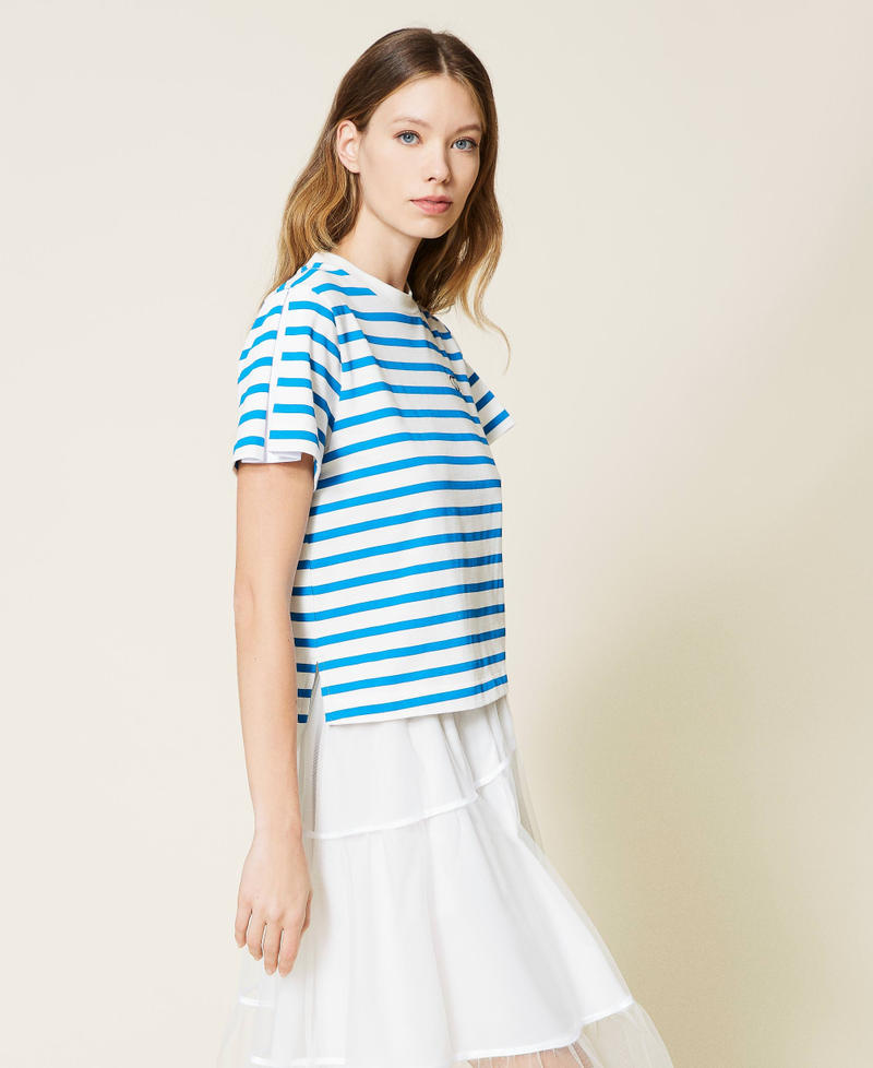 Striped t-shirt with poplin insert "Brilliant Blue" / Optical White Stripe Print Woman 221TP2751-02
