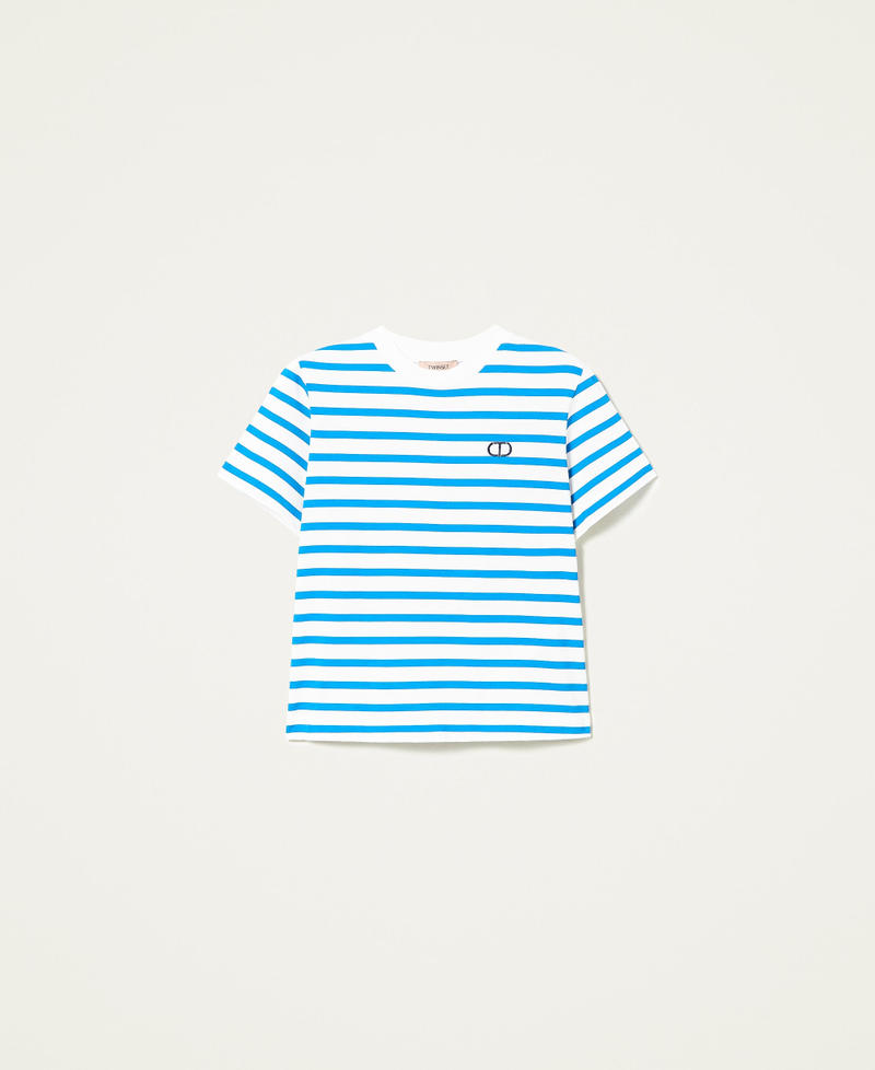 Gestreiftes T-Shirt mit Einsatz aus Popeline Streifenprint „Brilliant Blue“-Blau / Optisches Weiß Frau 221TP2751-0S