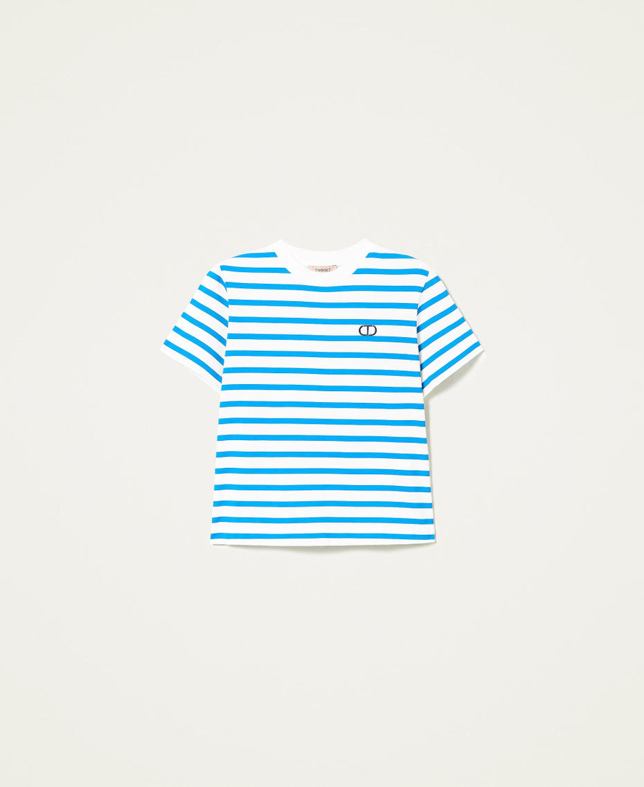 T-shirt a righe con inserto in popeline Stampa Riga Blu "Brilliant Blue" / Bianco Ottico Donna 221TP2751-0S