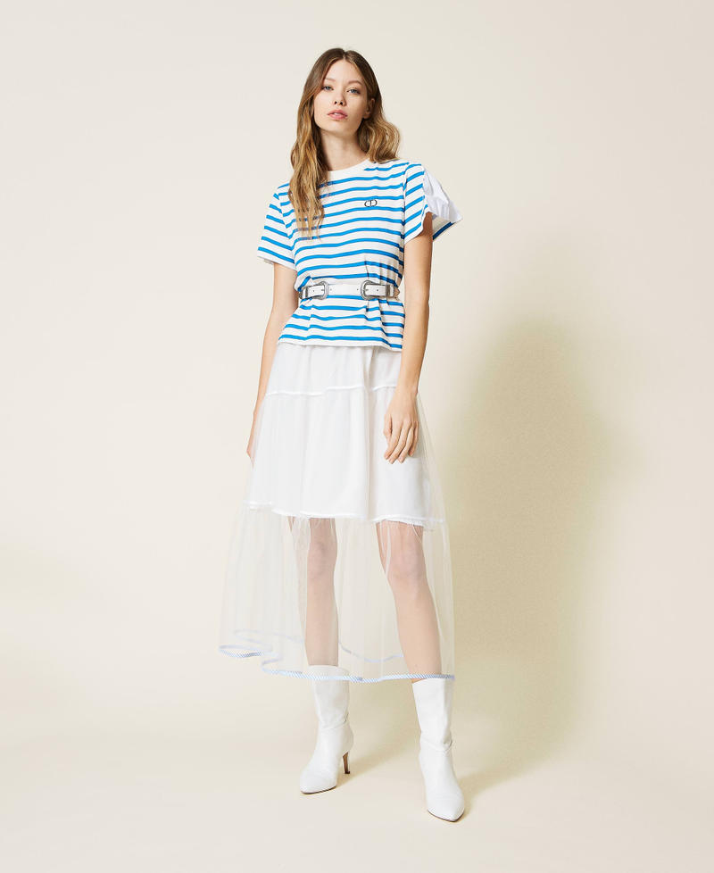 Striped t-shirt with poplin insert "Brilliant Blue" / Optical White Stripe Print Woman 221TP2751-0T
