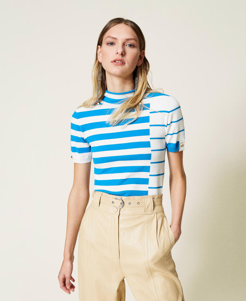 Turtleneck jumper with mixed jacquard stripes "Snow" White / "Brilliant Blue” Stripe Woman 221TP3083-01