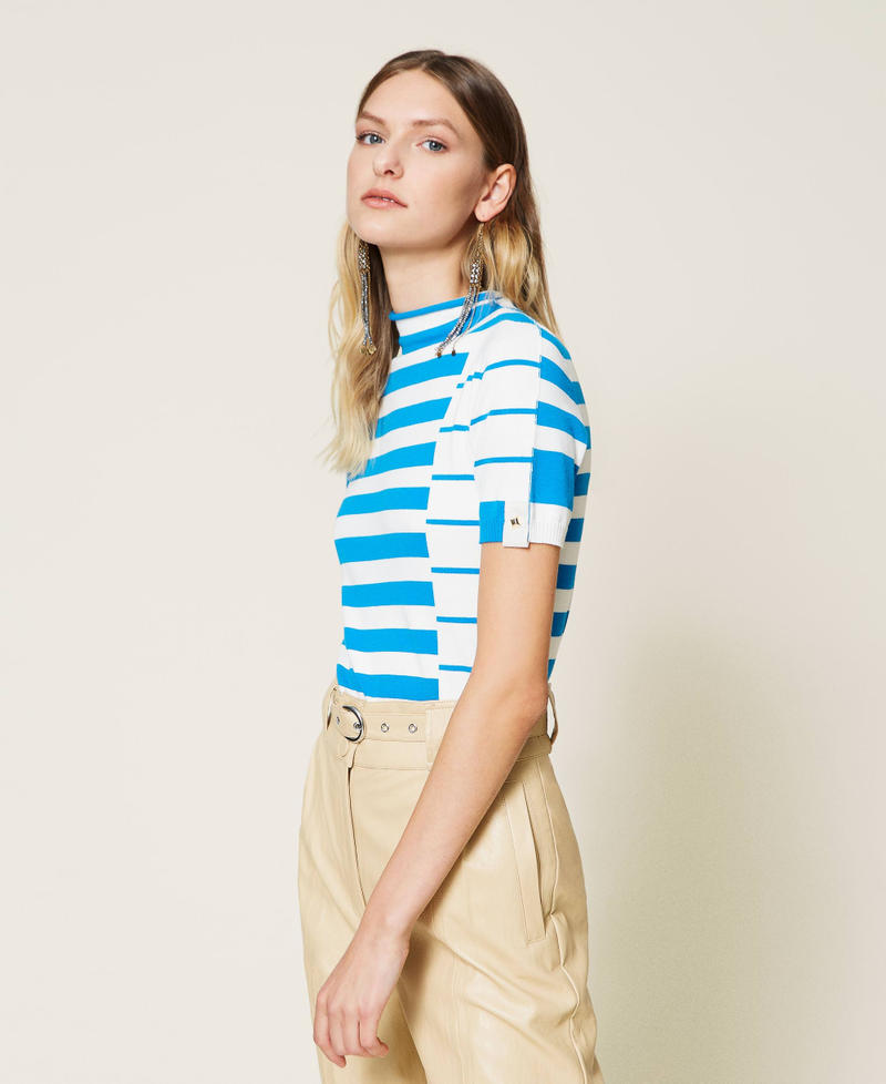 Turtleneck jumper with mixed jacquard stripes "Snow" White / "Brilliant Blue” Stripe Woman 221TP3083-02
