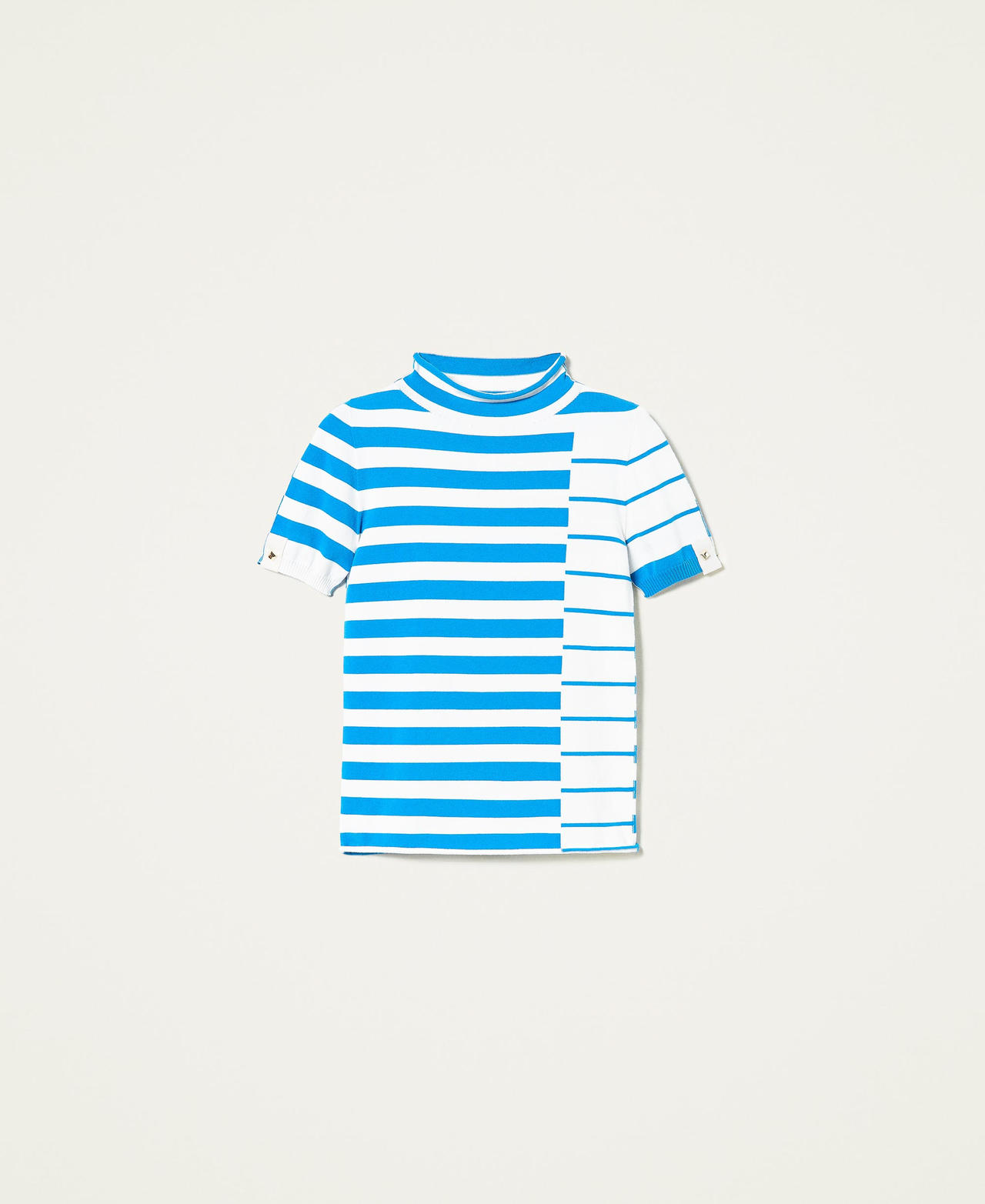 Turtleneck jumper with mixed jacquard stripes "Snow" White / "Brilliant Blue” Stripe Woman 221TP3083-0S