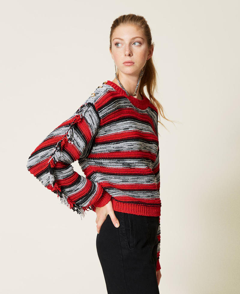 Striped boxy jumper with fringes Black / "Fire Red" / Grey Multicolour Woman 221TP3121-04