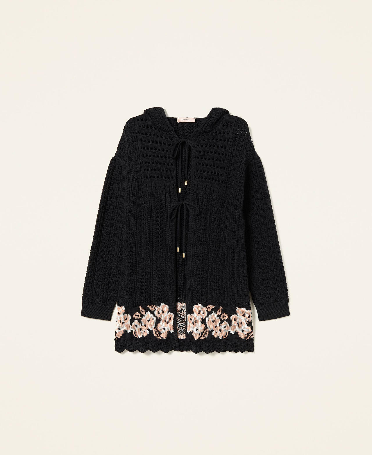 Maxi cardigan en crochet Noir Jacquard Fleurs Femme 221TP3151-0S