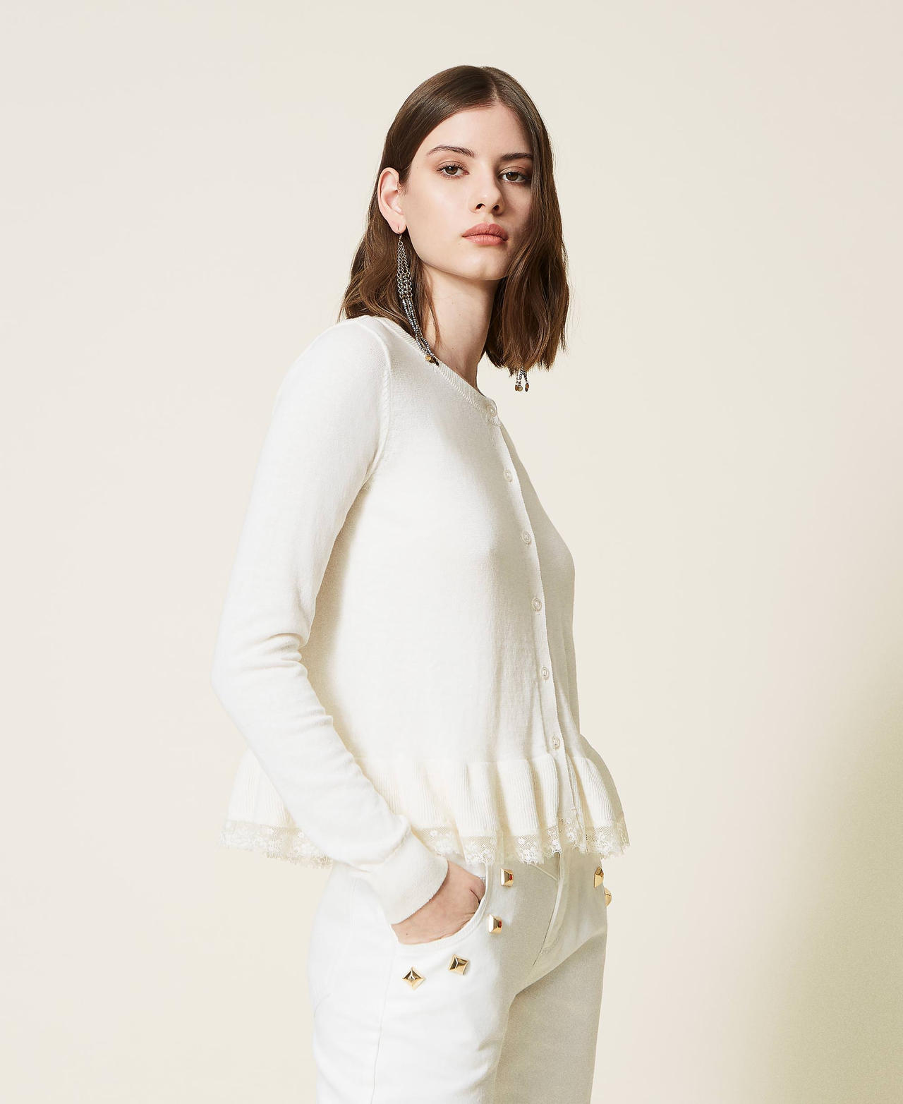 CARDIGAN TWINSET CON PROFILI IN PIZZO, Colore Bianco - Foto 12