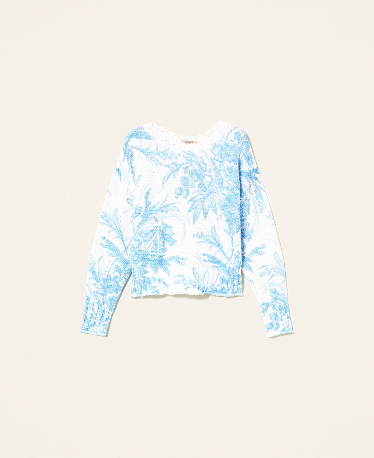 Jumper with floral toile de Jouy print “Snow” White Sanderson Flower Print / Light Blue Woman 221TP3261-0S