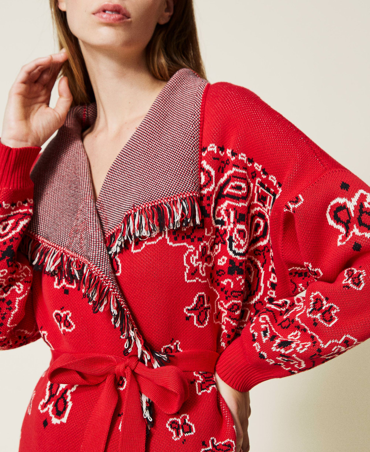 Jacquard cardigan with fringes Woman Red TWINSET Milano