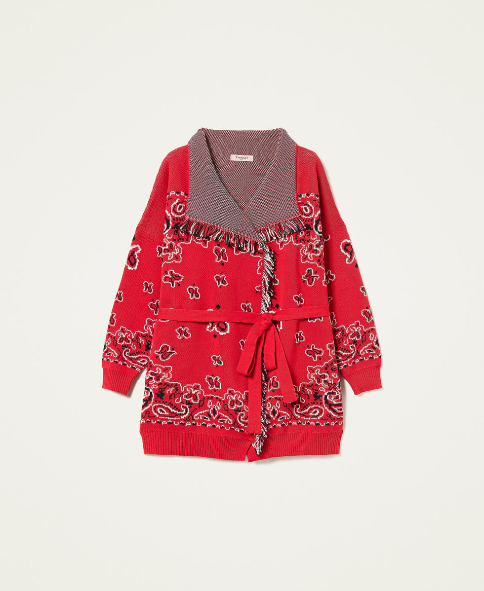 Jacquard cardigan with fringes Woman, Red | TWINSET Milano