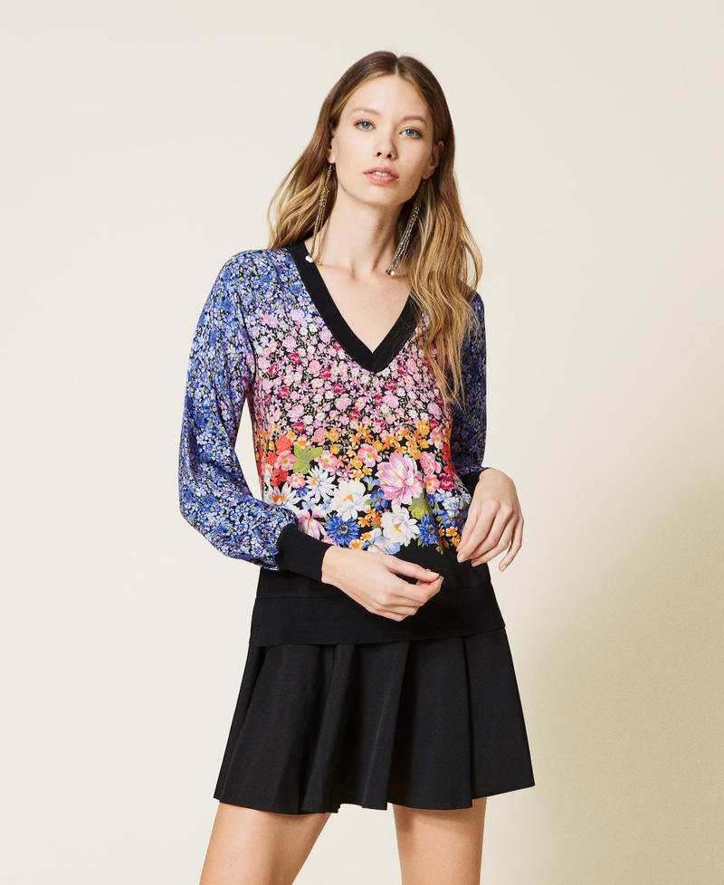 Blue Floral Printed Cotton Dress with Flounce Hem