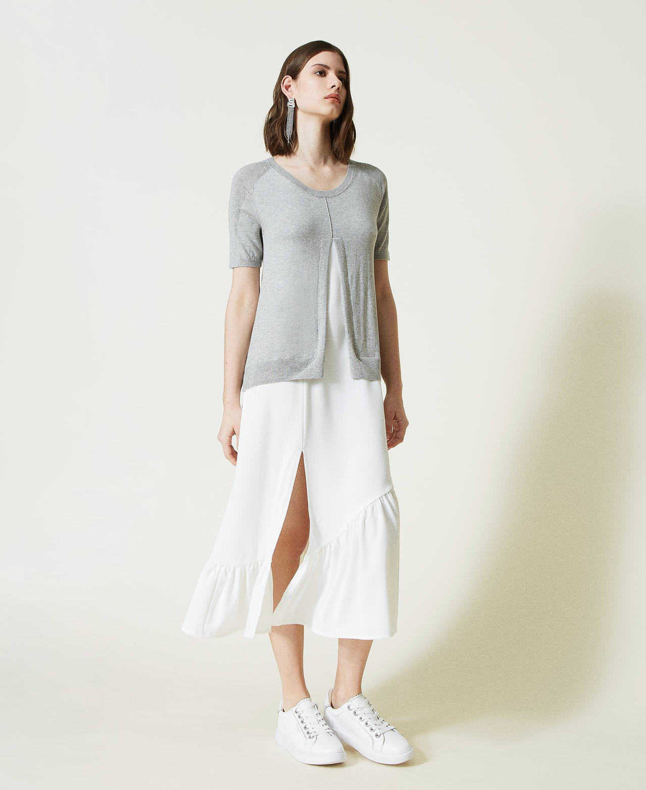 Maxikleid aus Gestrick und Cr&ecirc;pe de Chine