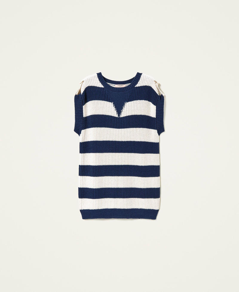 Maxi jumper with stripes and frog fasteners Two-tone Indigo Blue / "Snow” White Woman 221TP346J-0S