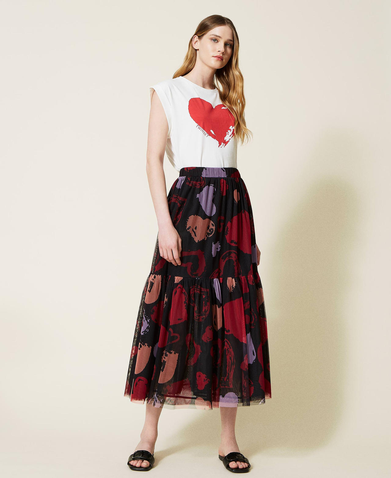 Long tulle skirt with heart motif Black Heart Print All Over Woman 221TQ2062-02