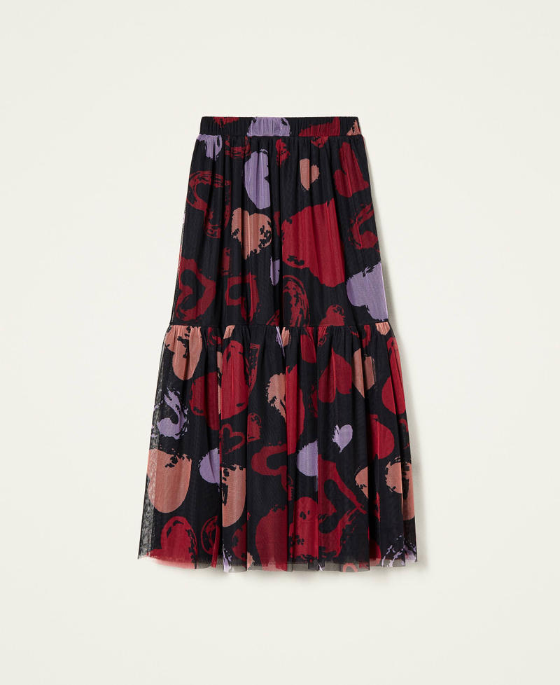Long tulle skirt with heart motif Black Heart Print All Over Woman 221TQ2062-0S