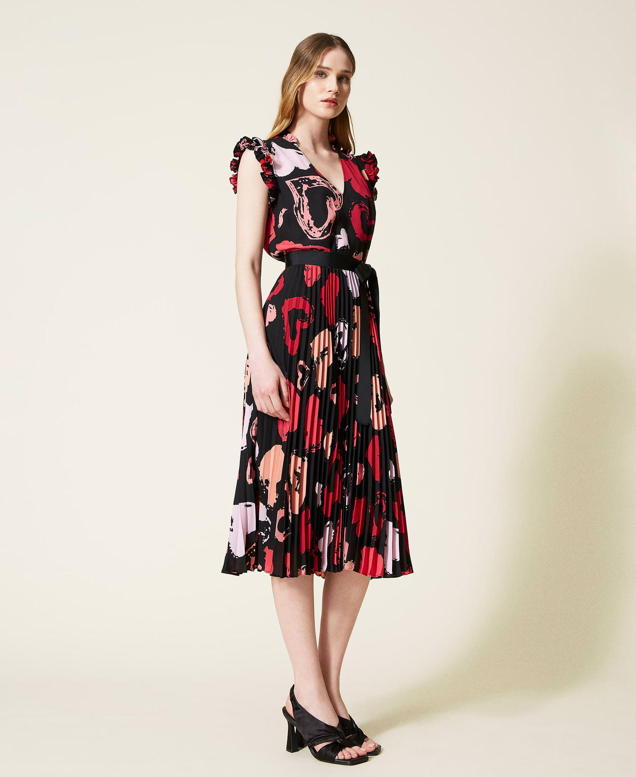 Midi georgette dress with heart motif Black Heart Print All Over Woman 221TQ2072-02