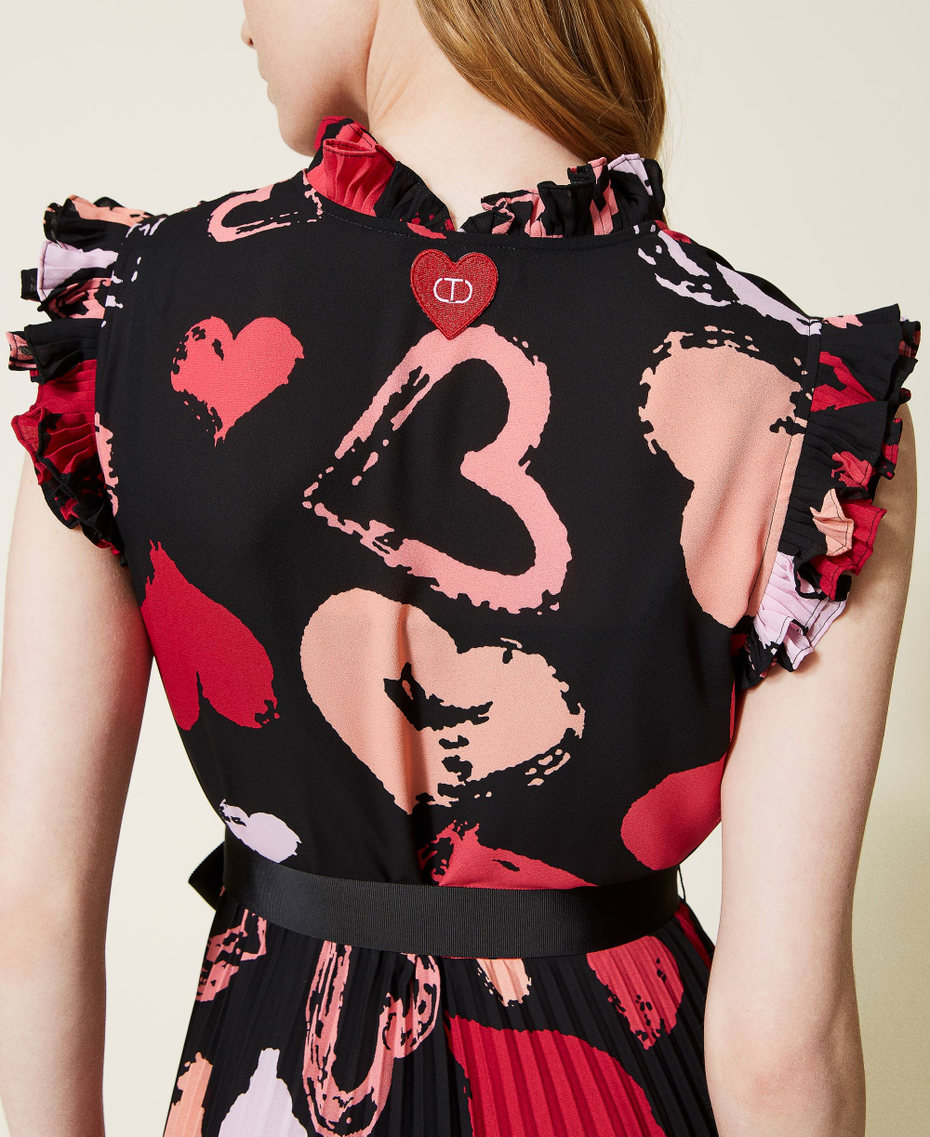 Robe mi-longue en crêpe georgette avec cœurs Imprimé All-over Cœurs Noir Femme 221TQ2072-04