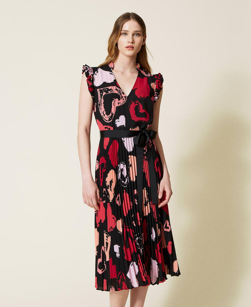 Midi georgette dress with heart motif Black Heart Print All Over Woman 221TQ2072-06
