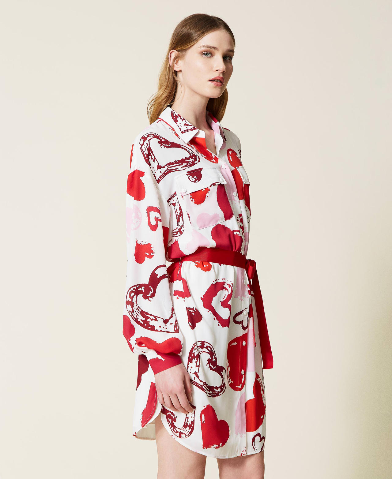 Georgette shirt dress with heart motif