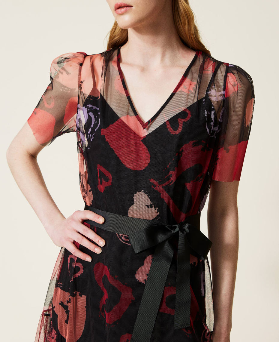 Short dress with heart pattern print Black Heart Print All Over Woman 221TQ2100-04