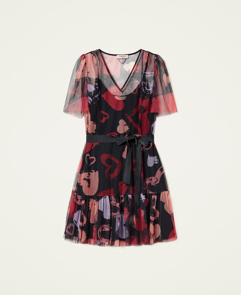 Short dress with heart pattern print Black Heart Print All Over Woman 221TQ2100-0S