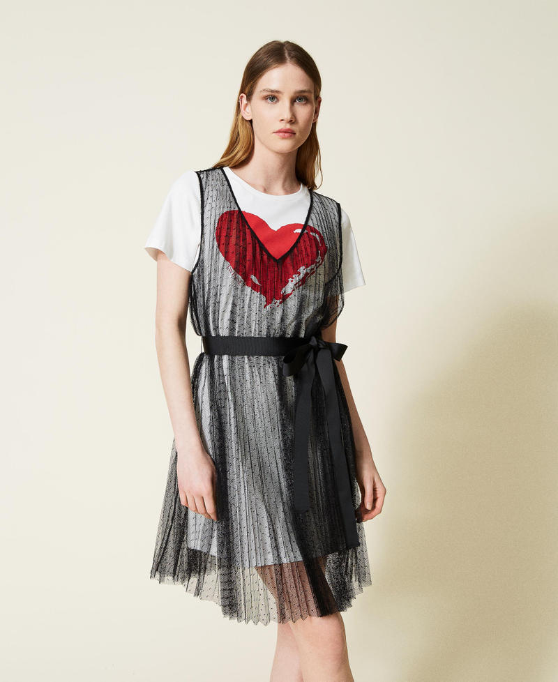Plumetis-Kleid mit T-shirt Zweifarbig Lilie / Schwarz Frau 221TQ2101-01