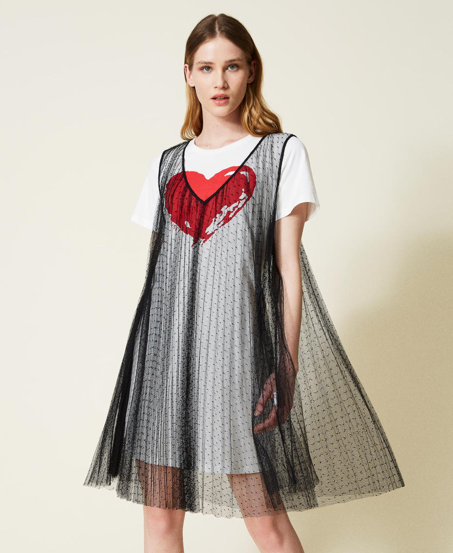 Plumetis-Kleid mit T-shirt Zweifarbig Lilie / Schwarz Frau 221TQ2101-05