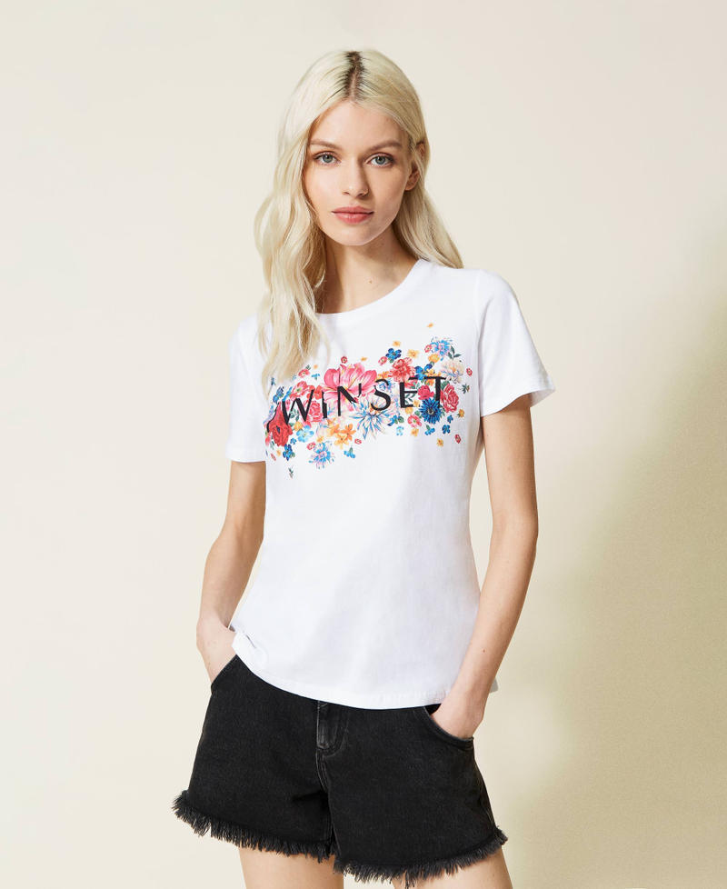 T-shirt con stampa fiori e logo Bianco Donna 221TQ2120-01