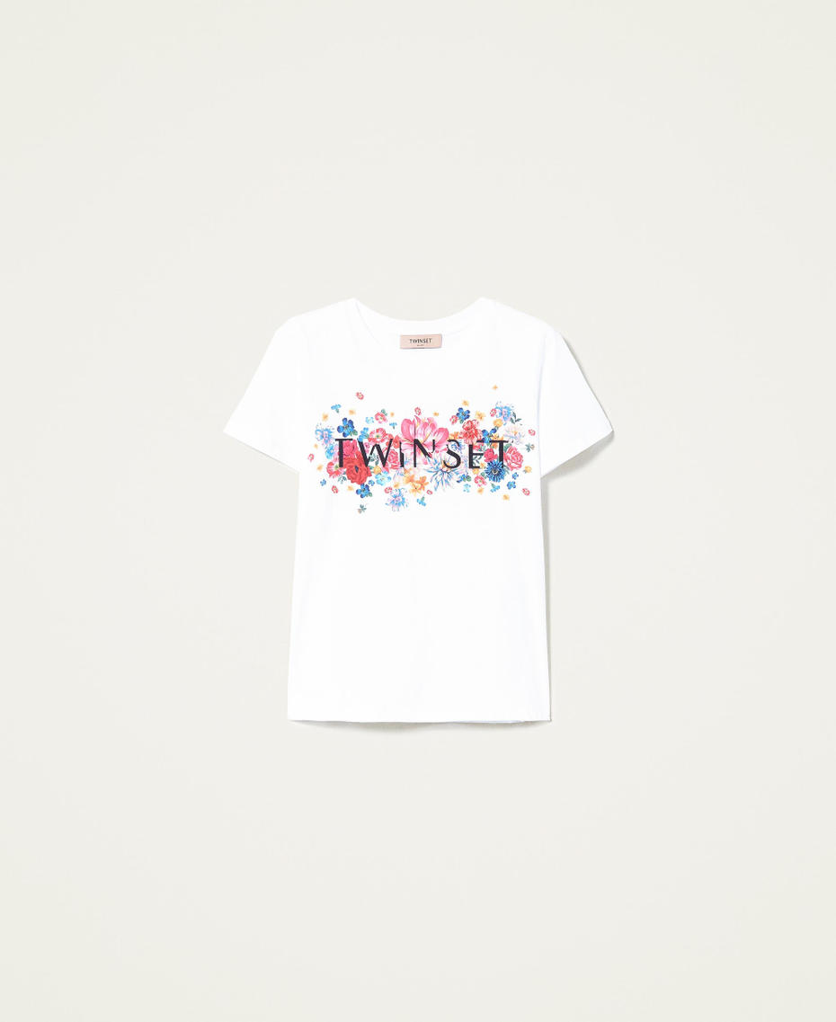T-shirt con stampa fiori e logo Bianco Donna 221TQ2120-0S