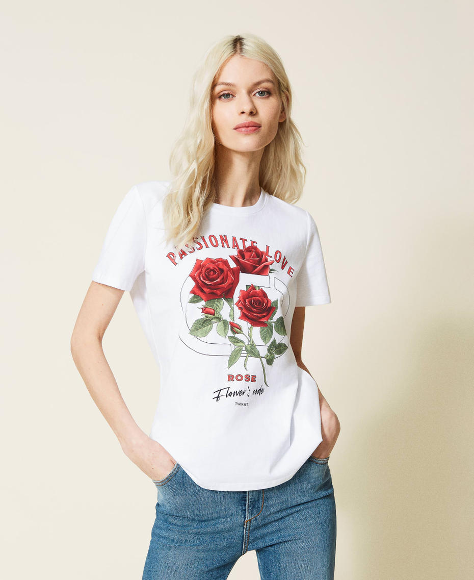 T-shirt con stampa rose e logo Bianco Donna 221TQ2121-01