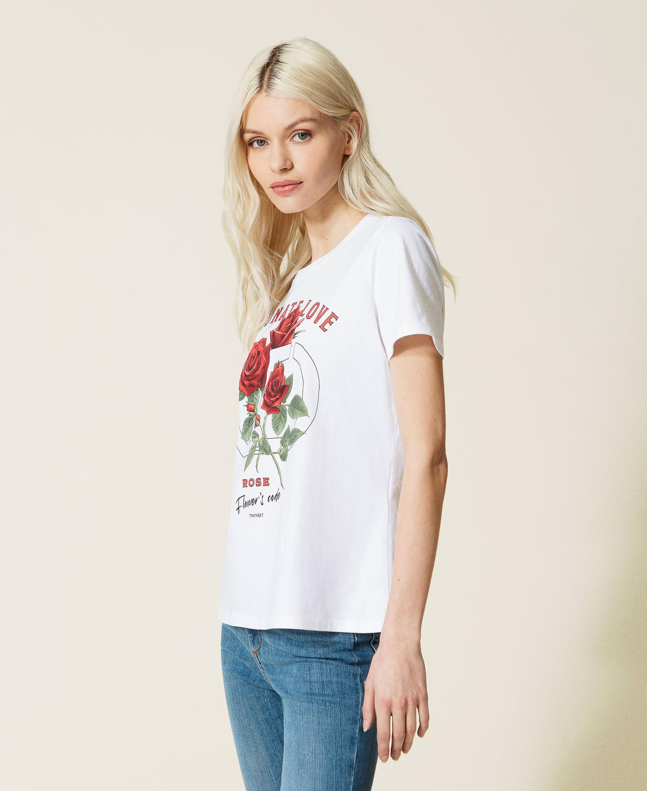 T-shirt con stampa rose e logo Bianco Donna 221TQ2121-02
