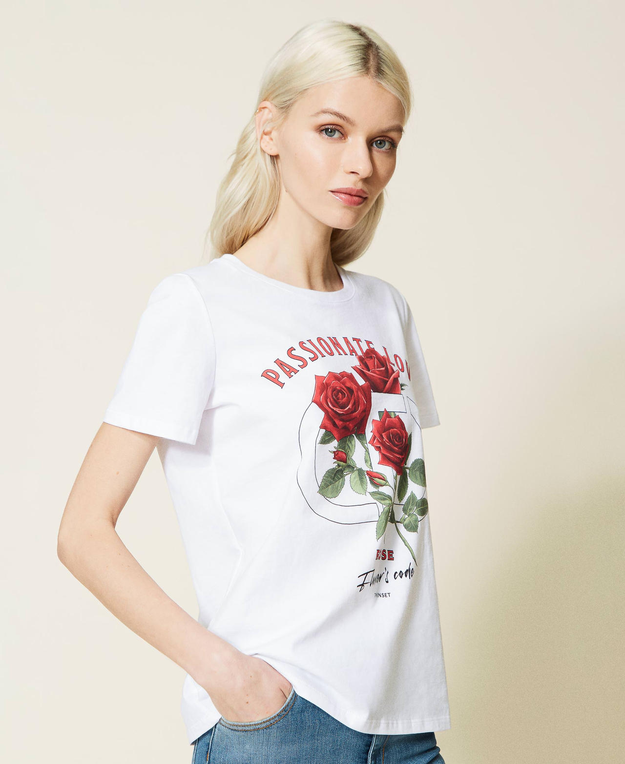 T shirt with rose print and logo Woman White TWINSET Milano