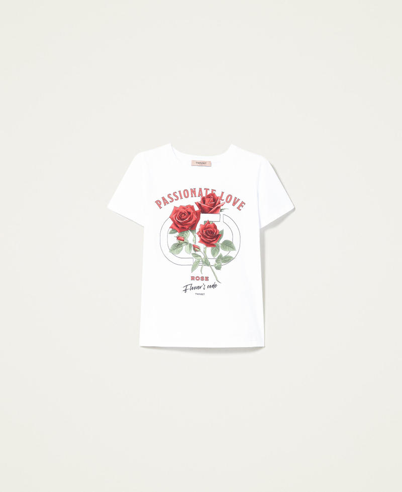 T-shirt con stampa rose e logo Bianco Donna 221TQ2121-0S