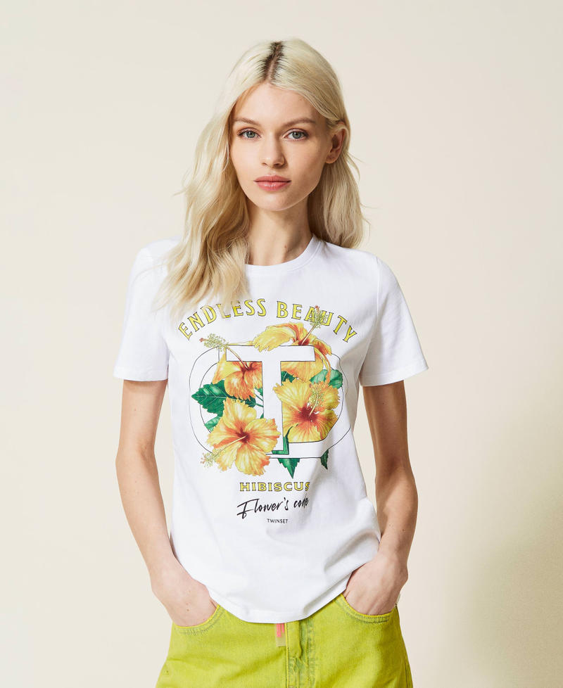 Camiseta con estampado de hibisco y strass Blanco Mujer 221TQ2122-01