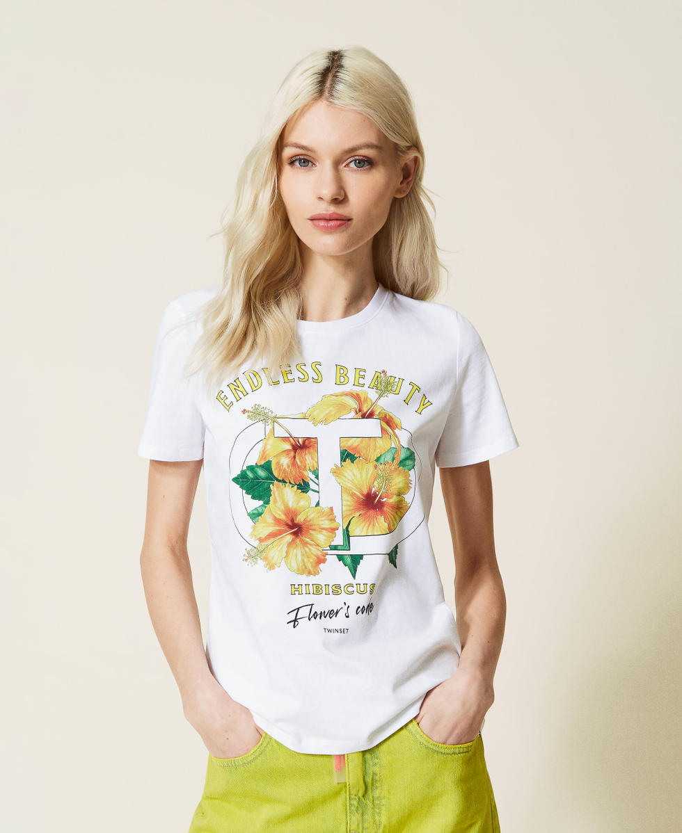 T shirt avec imprim hibiscus et strass Femme Blanc TWINSET Milano