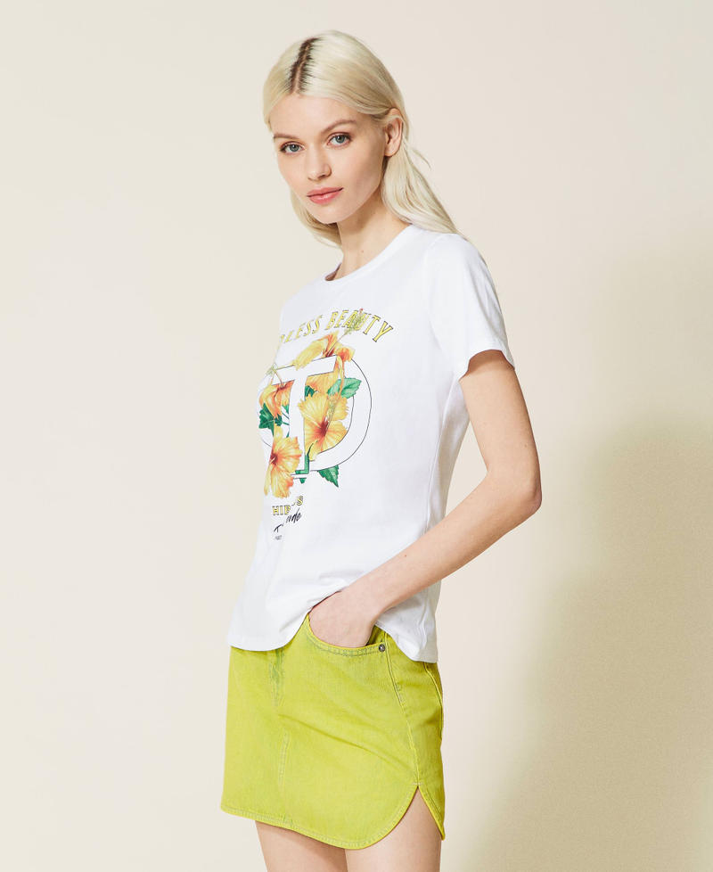 Camiseta con estampado de hibisco y strass Blanco Mujer 221TQ2122-02