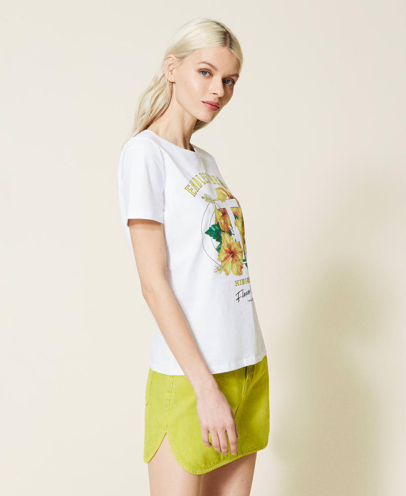 Camiseta con estampado de hibisco y strass Blanco Mujer 221TQ2122-04