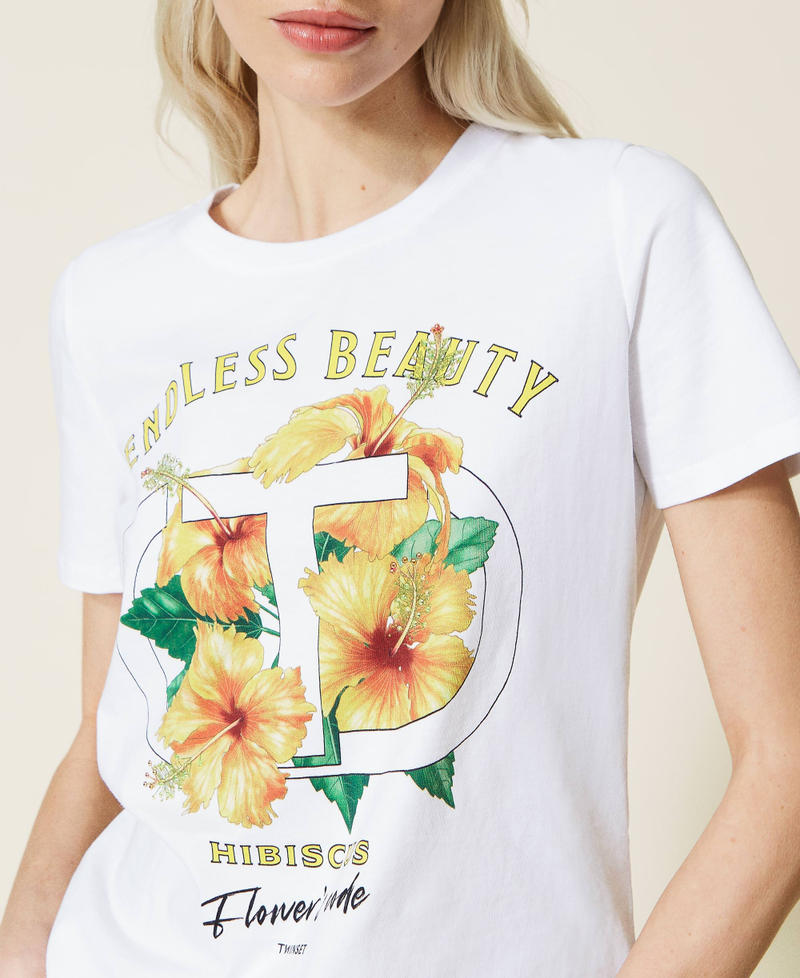 T-shirt with hibiscus print and rhinestones